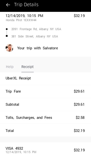 Uber Rideshare Mobile 2019 receipt