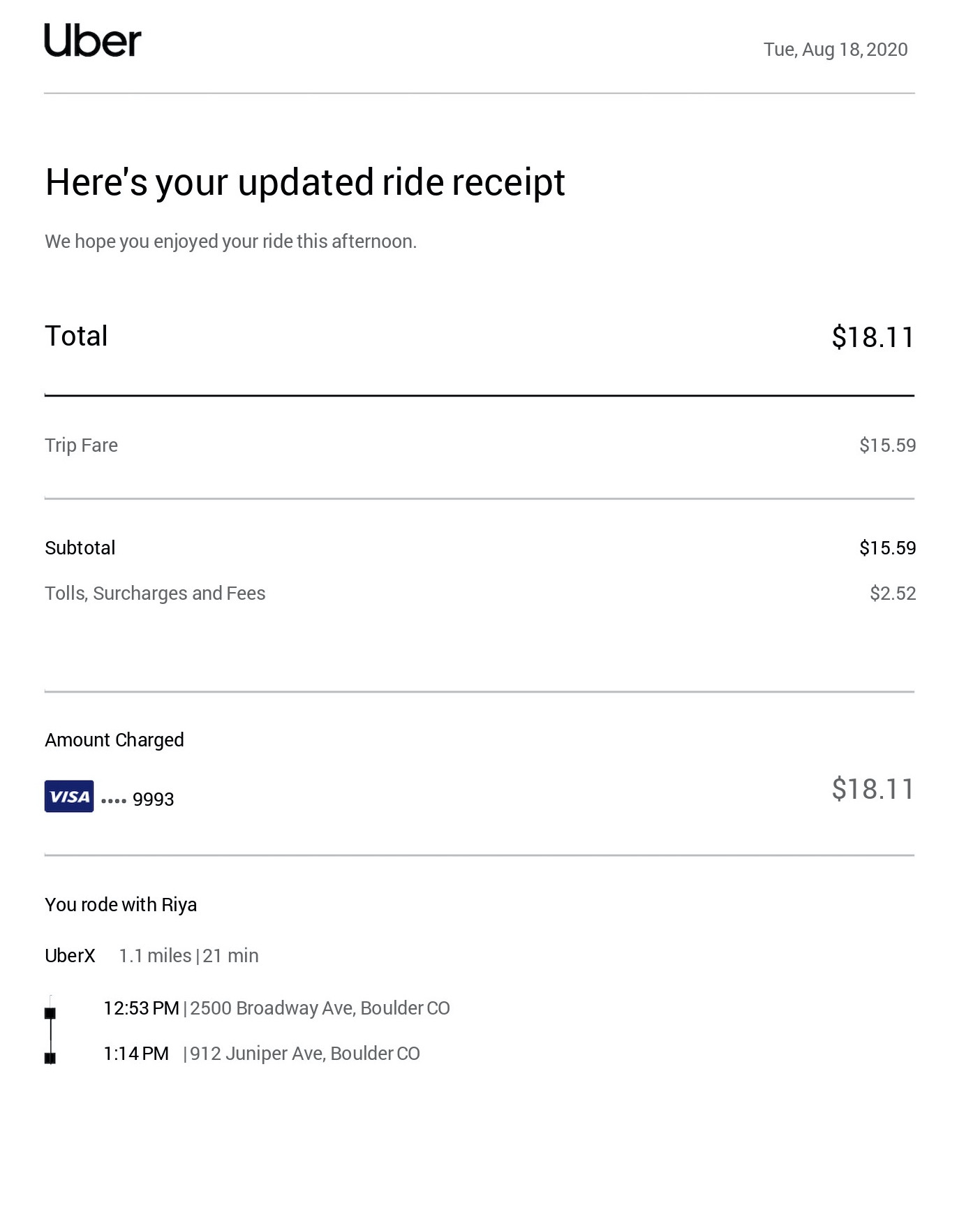 Uber Rideshare Receipt receipt
