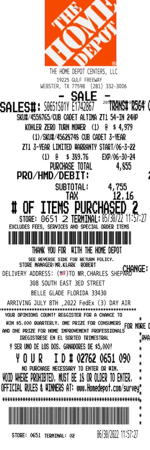 Home Depot receipt generator output