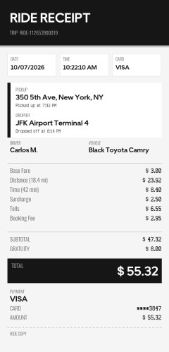 Ride Share app receipt template