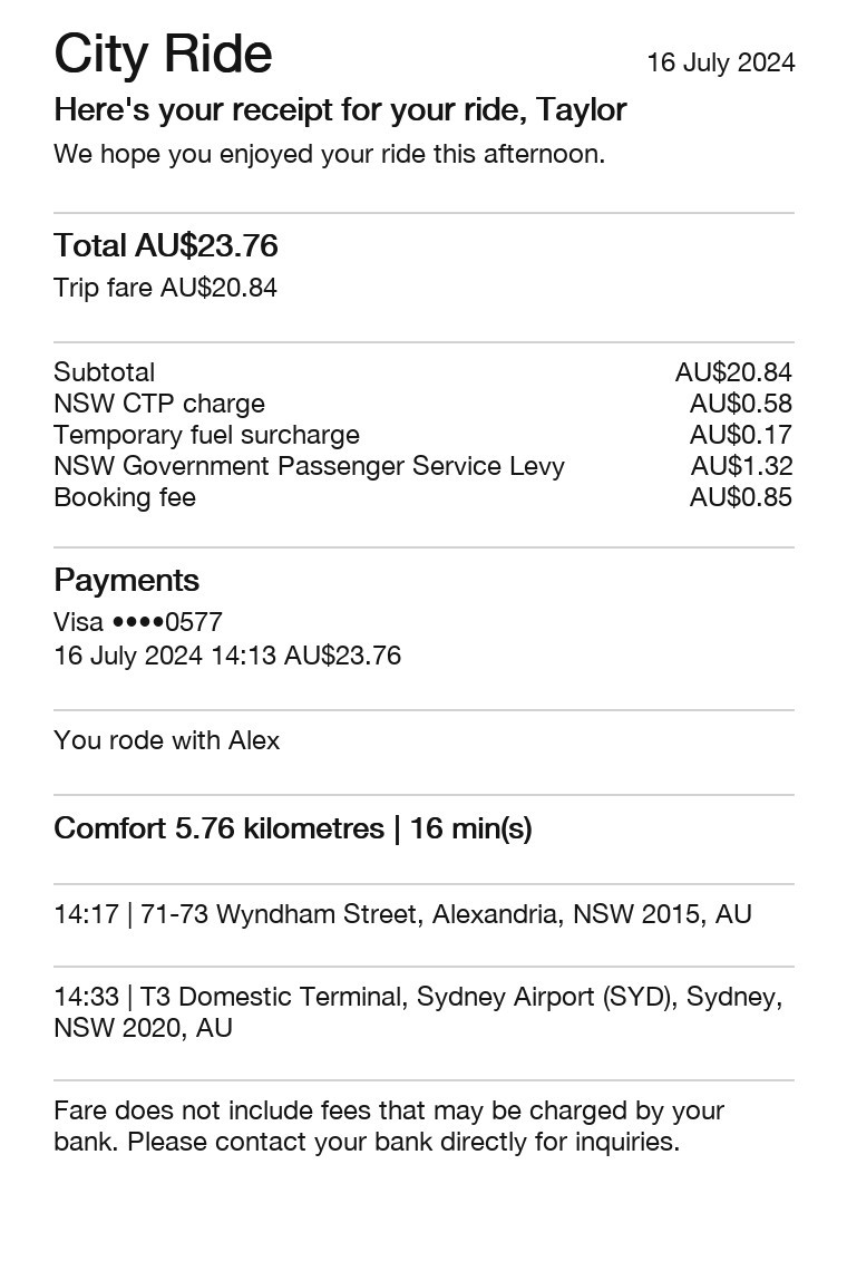 Sample rideshare email receipt headed City Ride, with a rider name, charge lines, a card payment, and pickup and drop-off.