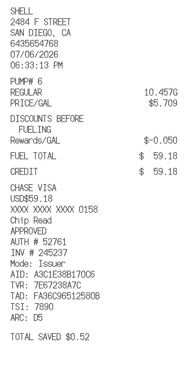 Sample fuel pump slip with station SHELL, regular gasoline, a rewards rate, and a credit charge.
